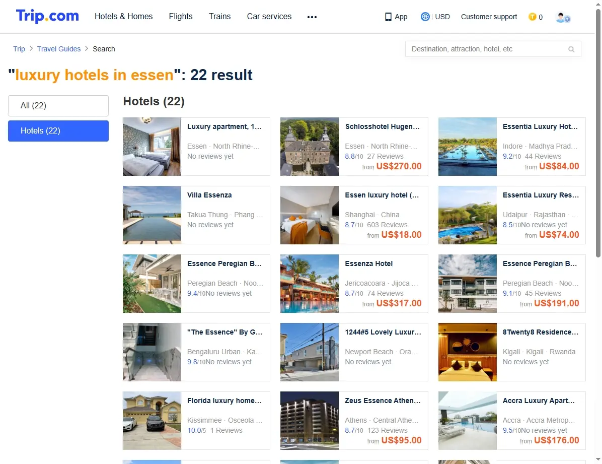 Screenshot einer Hotelbuchungsseite mit exklusiven Angeboten für Luxushotels in Essen