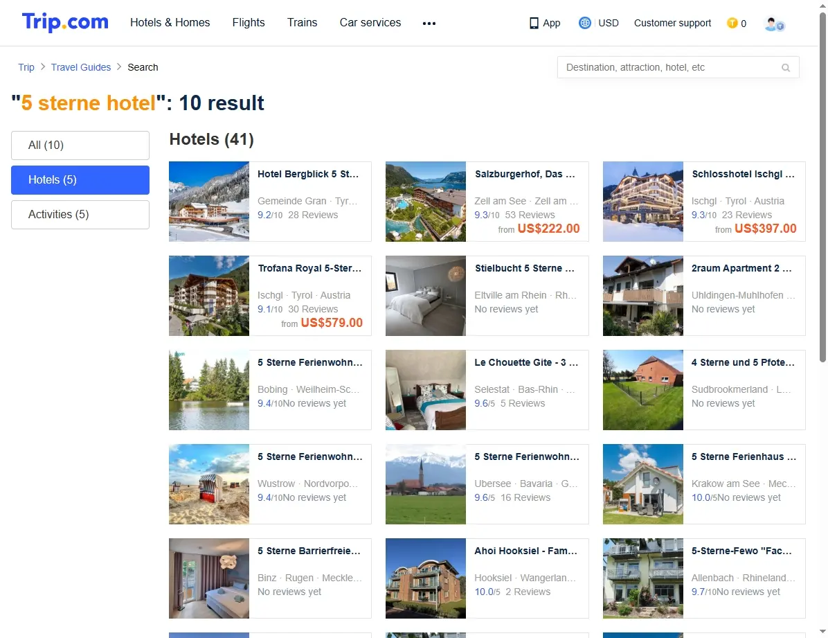 Screenshot der Trip.com Suchergebnisseite für 5 Sterne Hotels