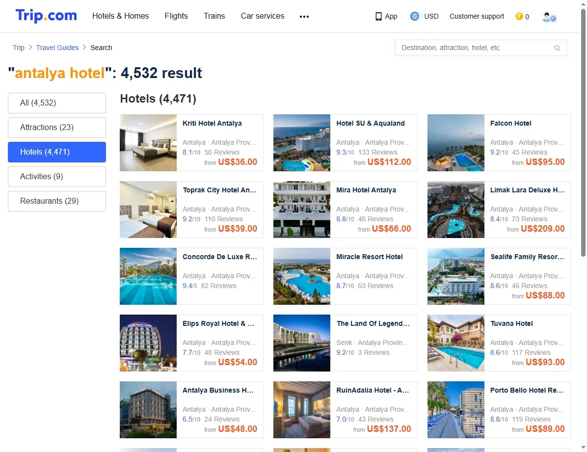 Screenshot einer Website, die Hotelangebote für Antalya zeigt