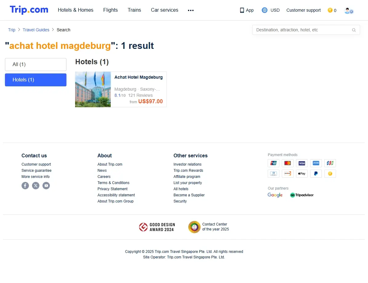 Screenshot einer Buchungswebsite, die Sonderangebote für das ACHAT Hotel Magdeburg anzeigt.