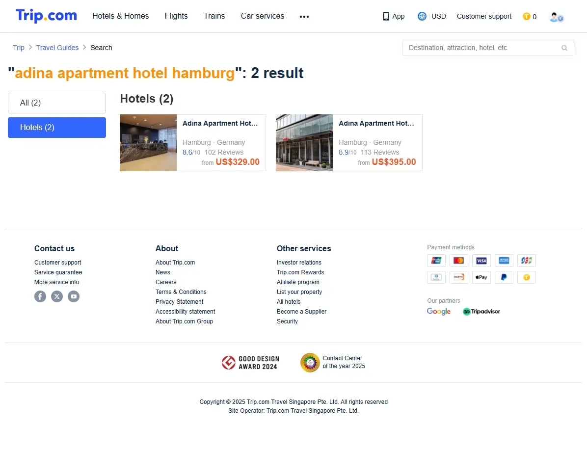 Screenshot einer Website, die Hotelangebote für das Adina Apartment Hotel Hamburg zeigt
