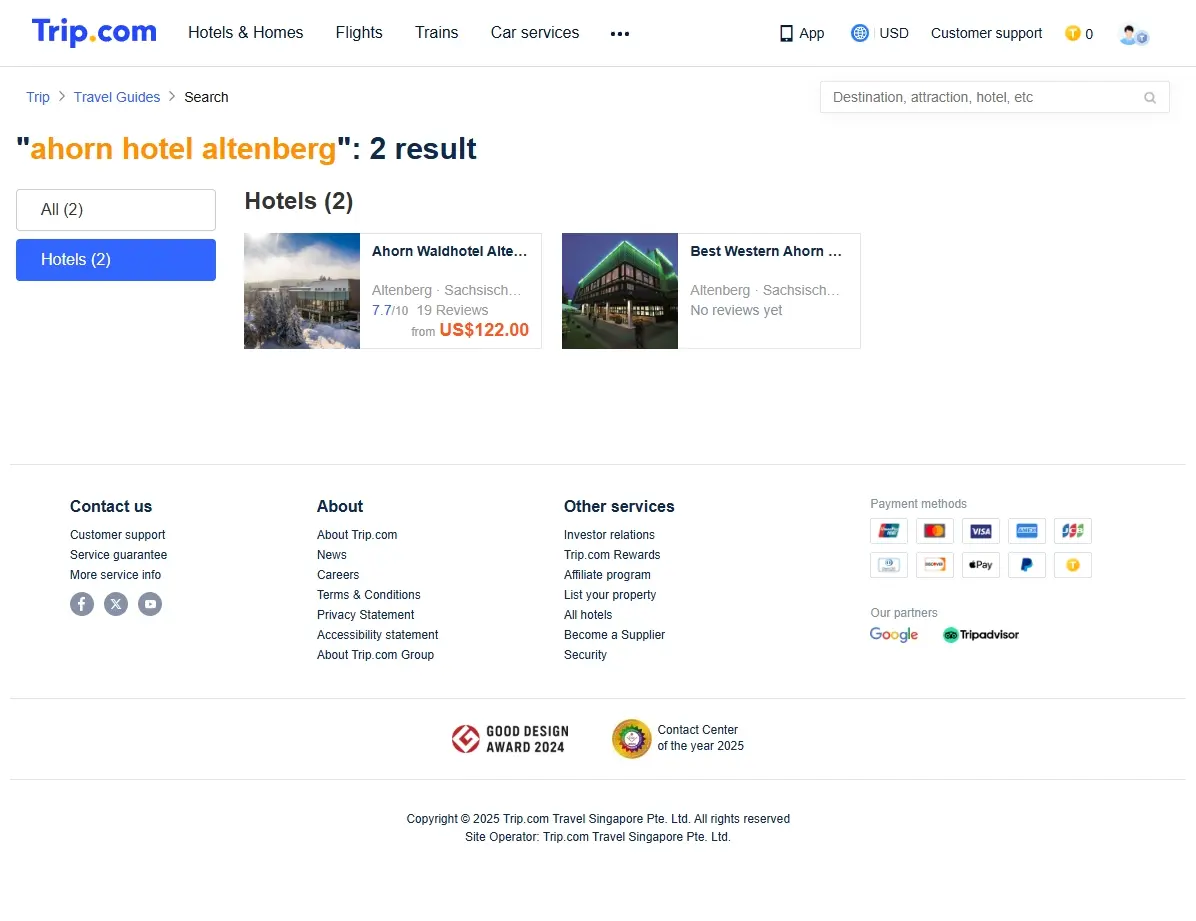 Screenshot einer Website, die Hotelangebote für Ahorn Hotel Altenberg zeigt