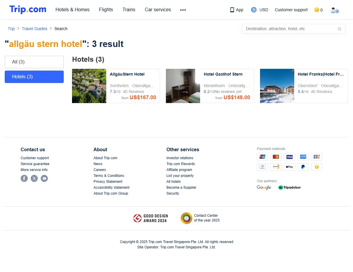 Screenshot einer Website, die Hotelangebote für das Allgäu Stern Hotel anzeigt
