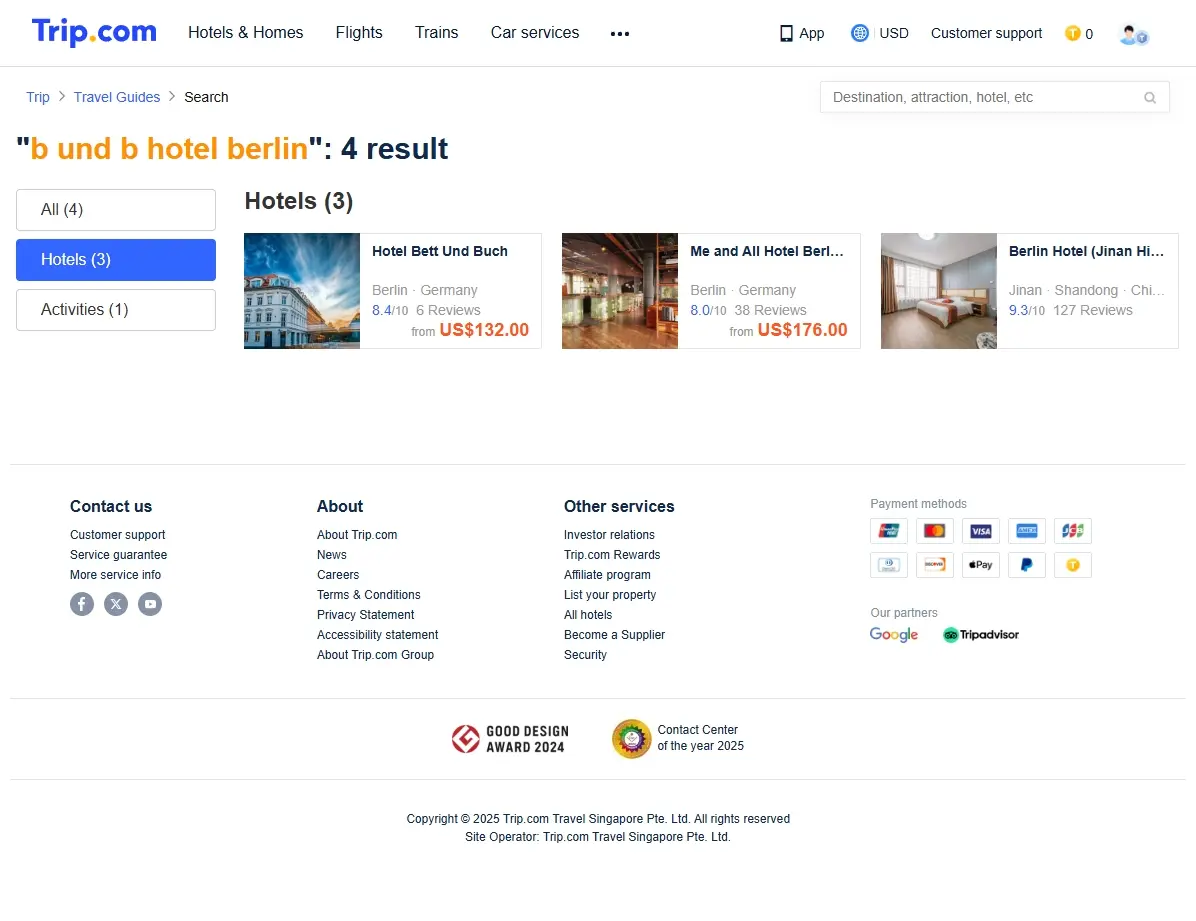 Screenshot von Hotelangeboten in Berlin