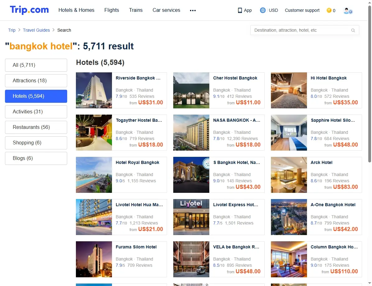 Screenshot einer Webseite, die Hotelangebote in Bangkok zeigt