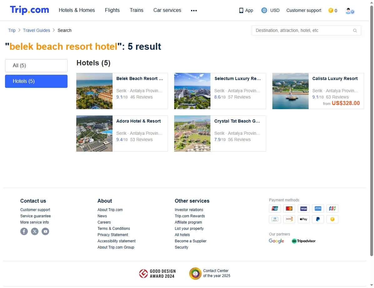 Screenshot einer Website, die Hotelangebote für Belek Beach Resort Hotel anzeigt