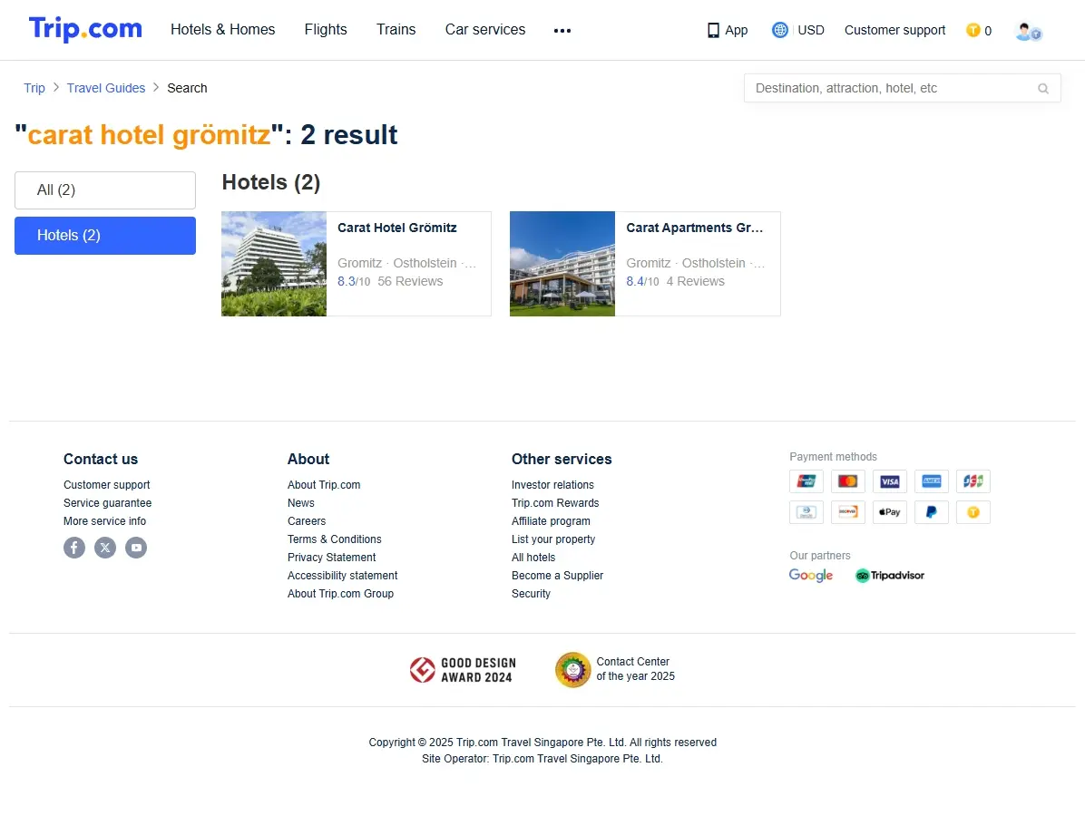 Screenshot einer Website mit Hotelangeboten für das Carat Hotel Grömitz