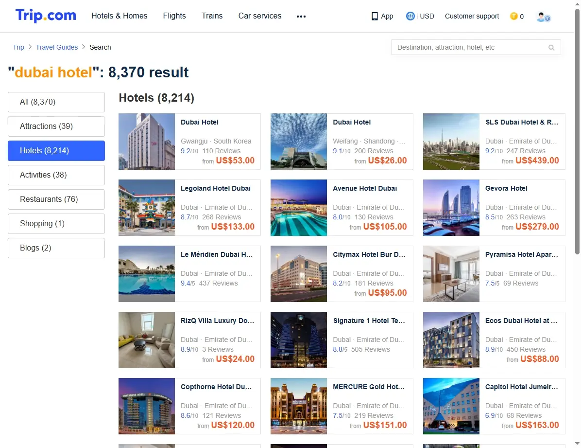 Screenshot von Trip.com, der Hotelangebote für Dubai zeigt
