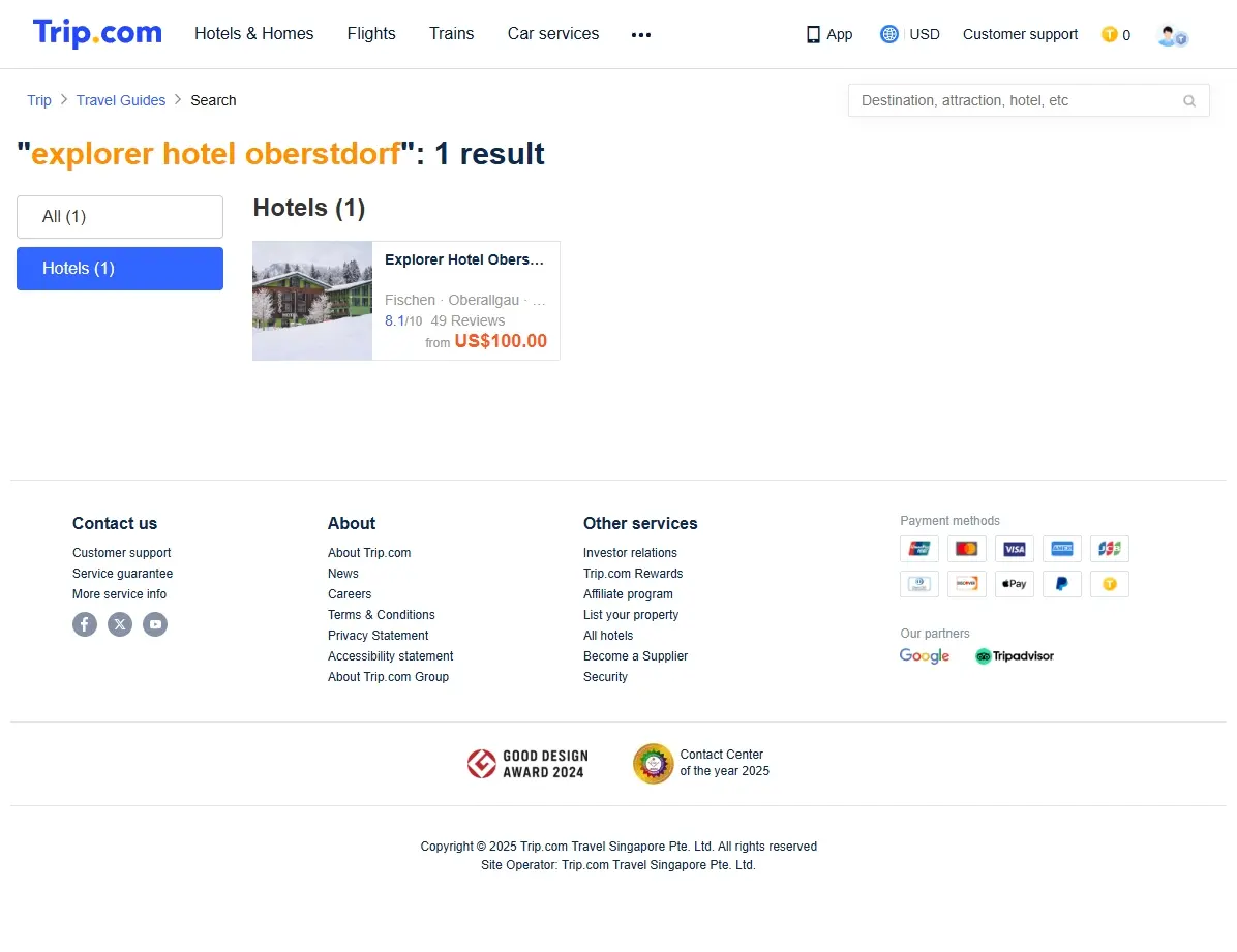 Screenshot einer Website, die Hotelangebote für das Explorer Hotel Oberstdorf zeigt