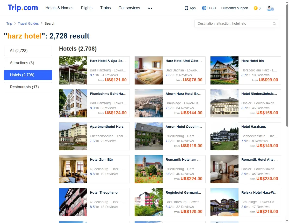 Screenshot von Trip.com Hotelangeboten für Harz Hotels