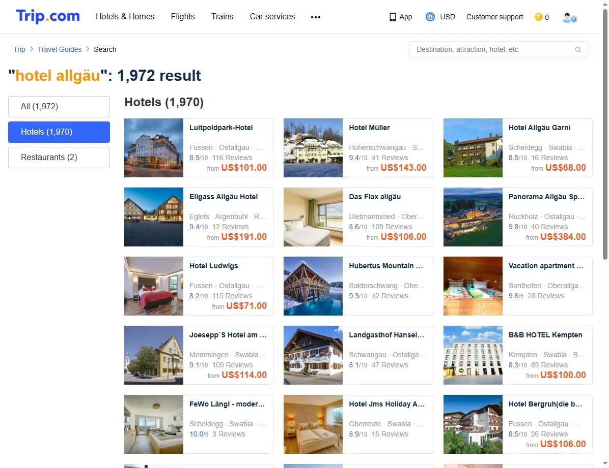 Screenshot einer Website, die Hotelangebote im Allgäu zeigt