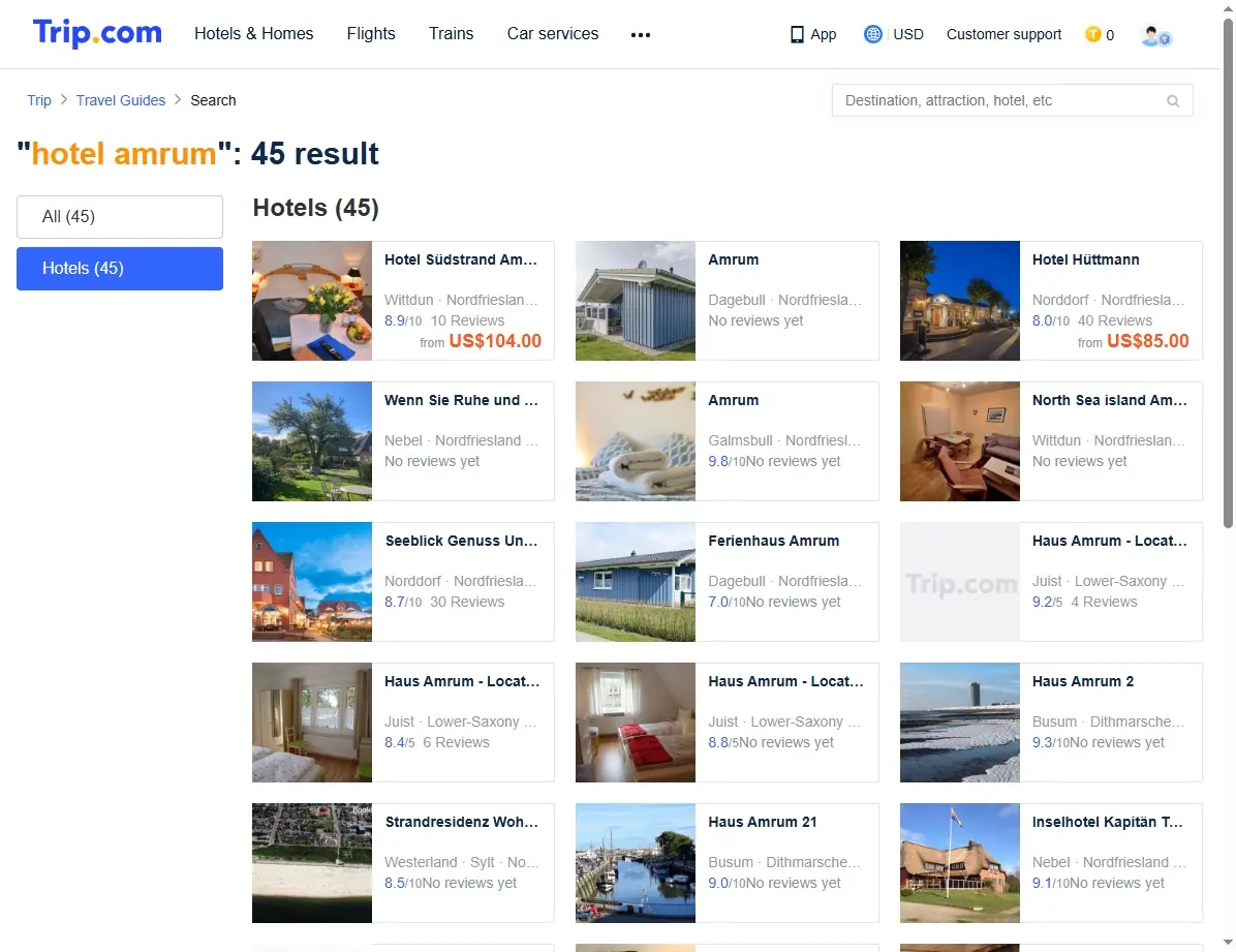 Screenshot einer Website mit Hotelangeboten für Amrum