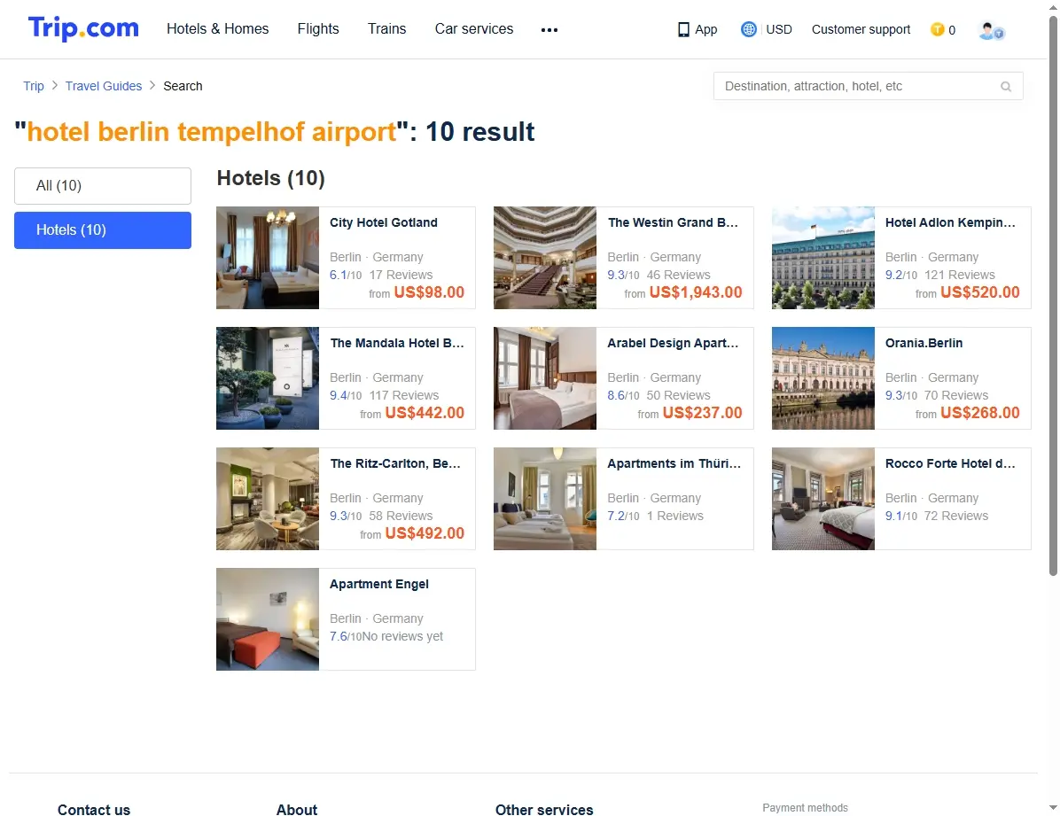 Screenshot einer Website, die Hotelangebote für Berlin Tempelhof Airport anzeigt
