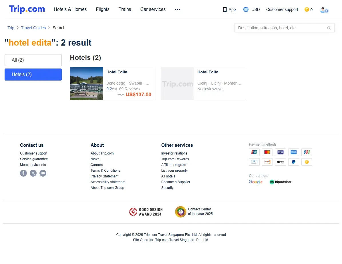 Screenshot einer Website mit Hotelangeboten für das Hotel Edita