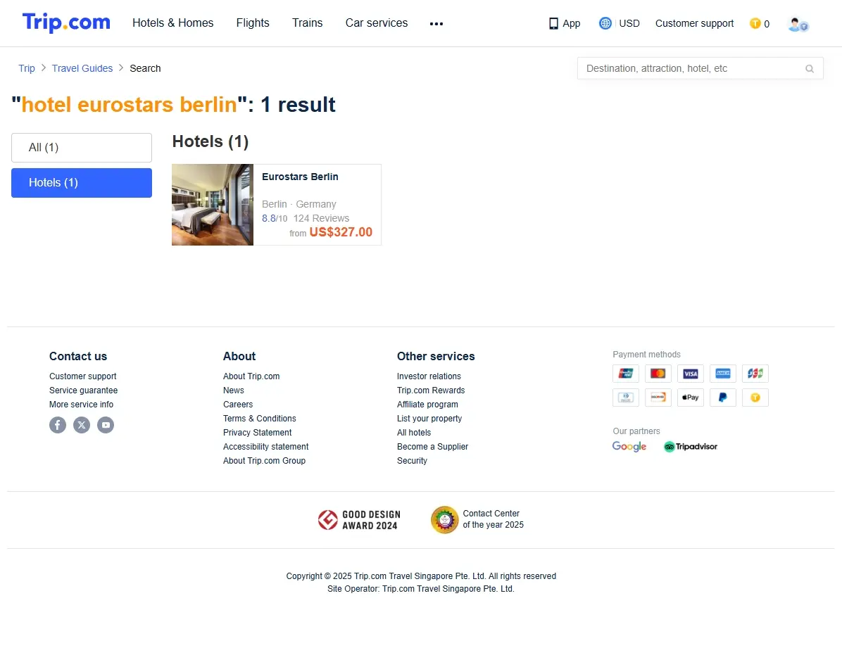 Screenshot einer Website mit Hotelangeboten für das Hotel Eurostars Berlin