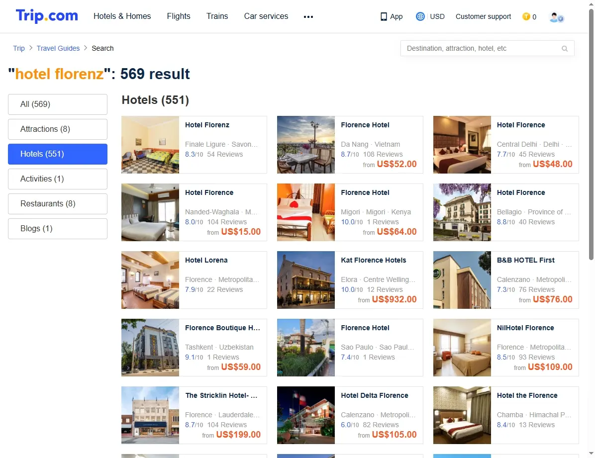 Screenshot der Trip.com Suchergebnisse für Hotel Florenz