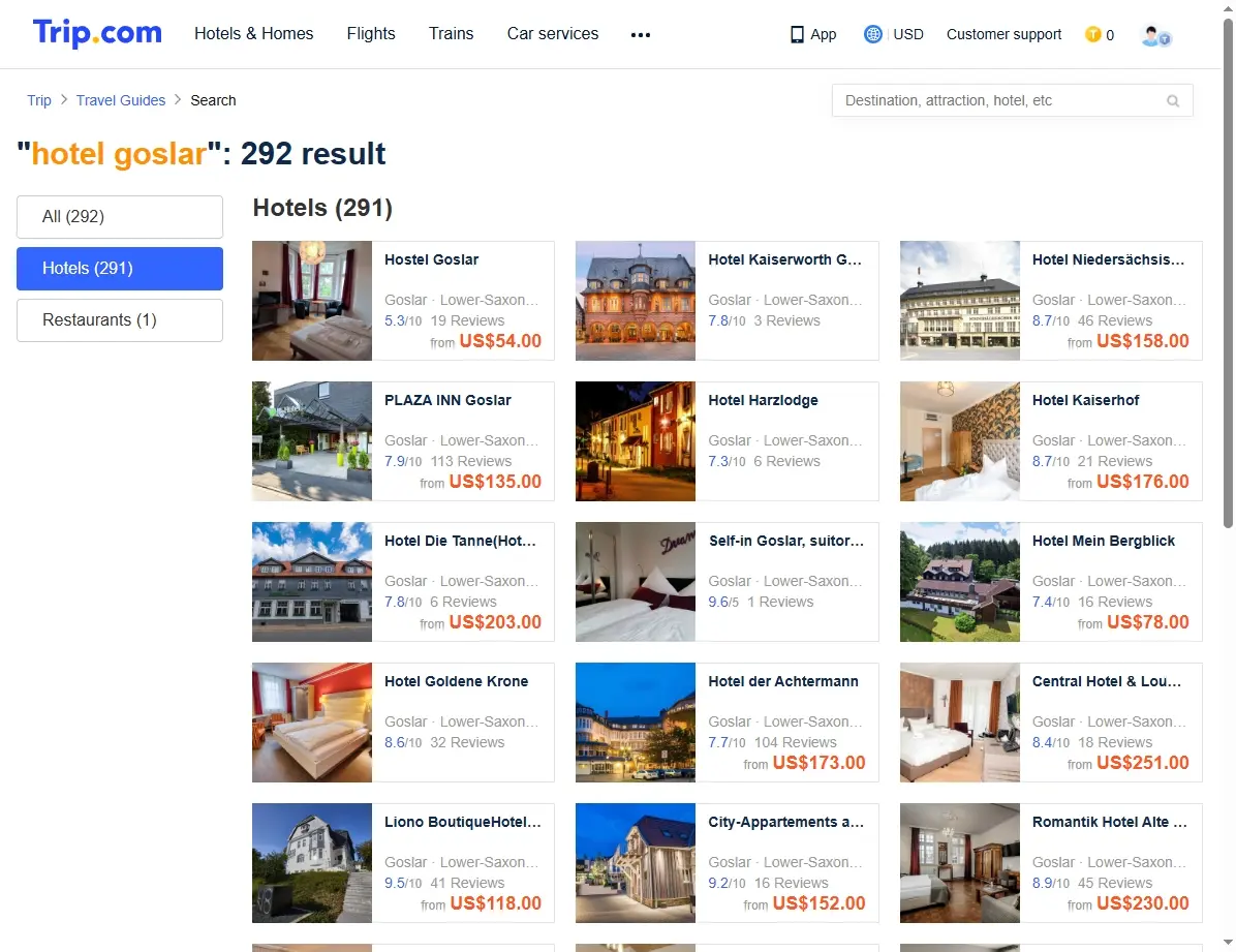 Screenshot von Hotel-Suchergebnissen für Goslar