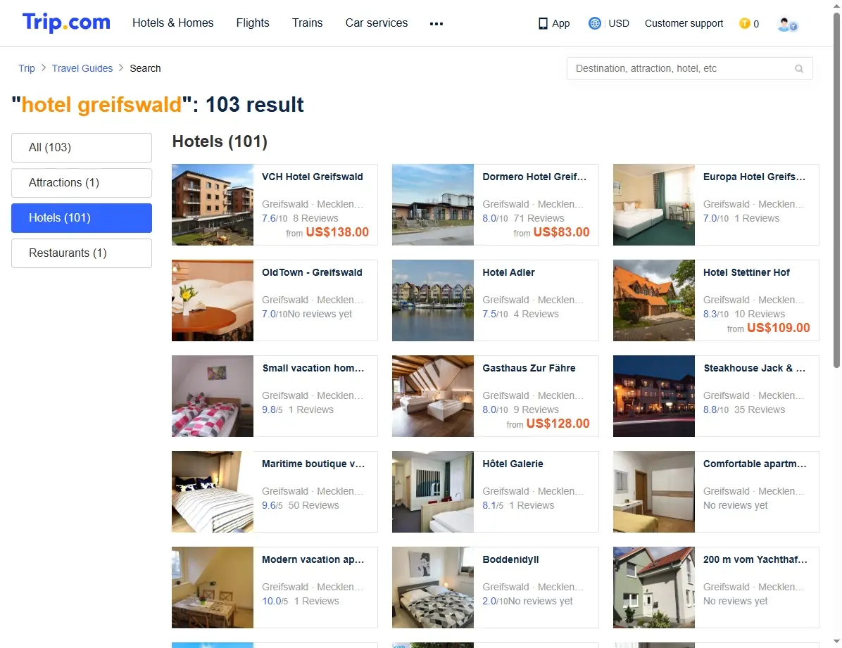 Screenshot einer Website, die Hotelangebote in Greifswald zeigt