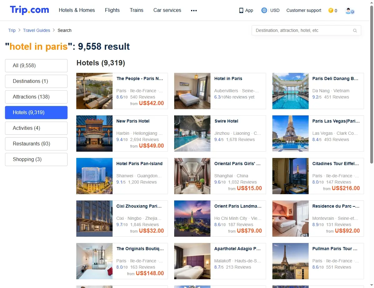 Screenshot einer Website, die Hotelangebote für Paris anzeigt.