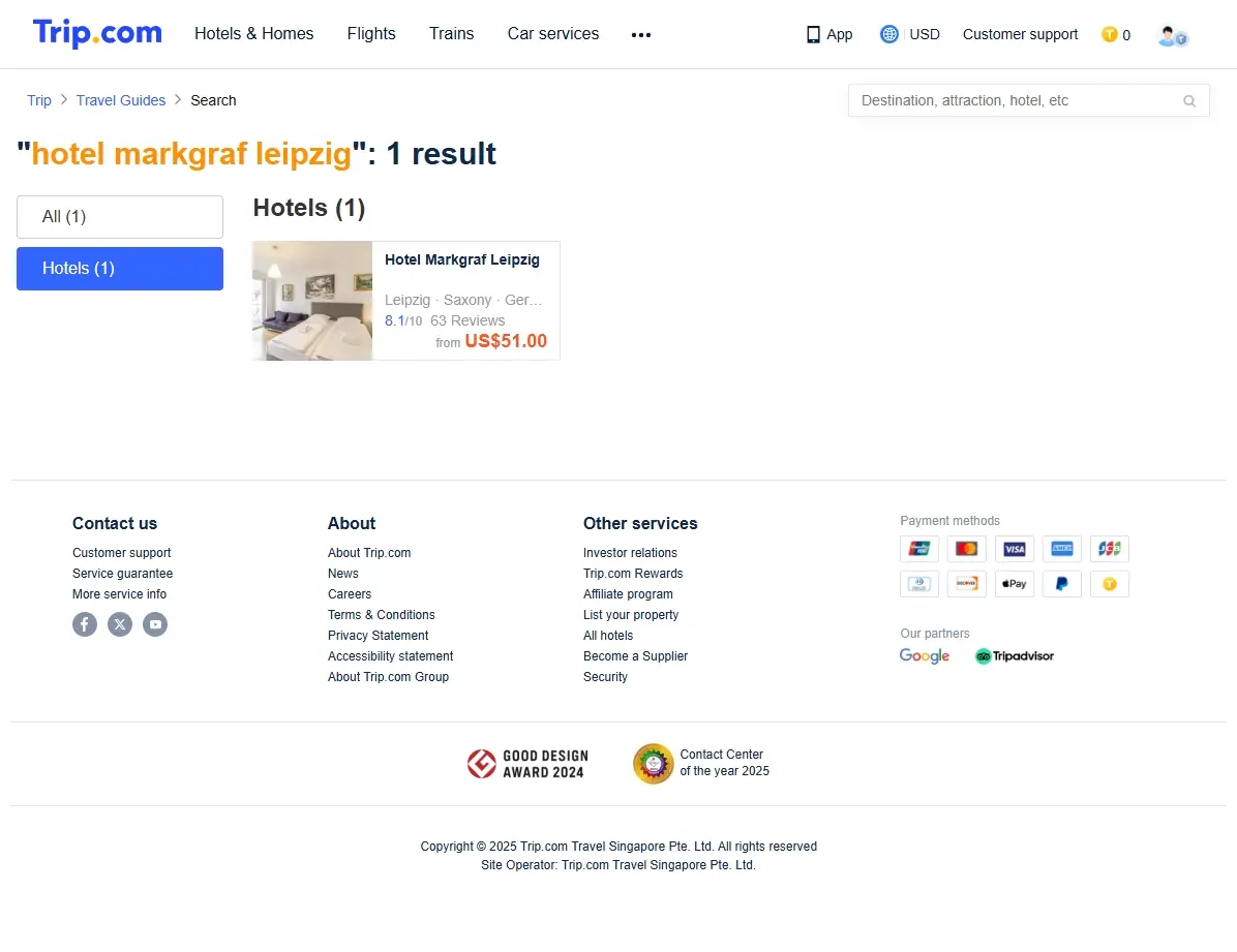 Screenshot einer Website, die Hotelangebote für das Hotel Markgraf Leipzig zeigt