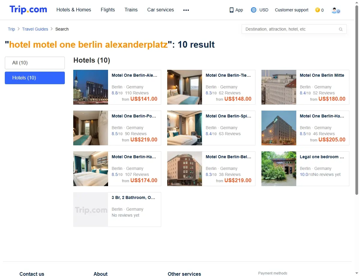 Screenshot von Hotelangeboten für das Hotel Motel One Berlin Alexanderplatz