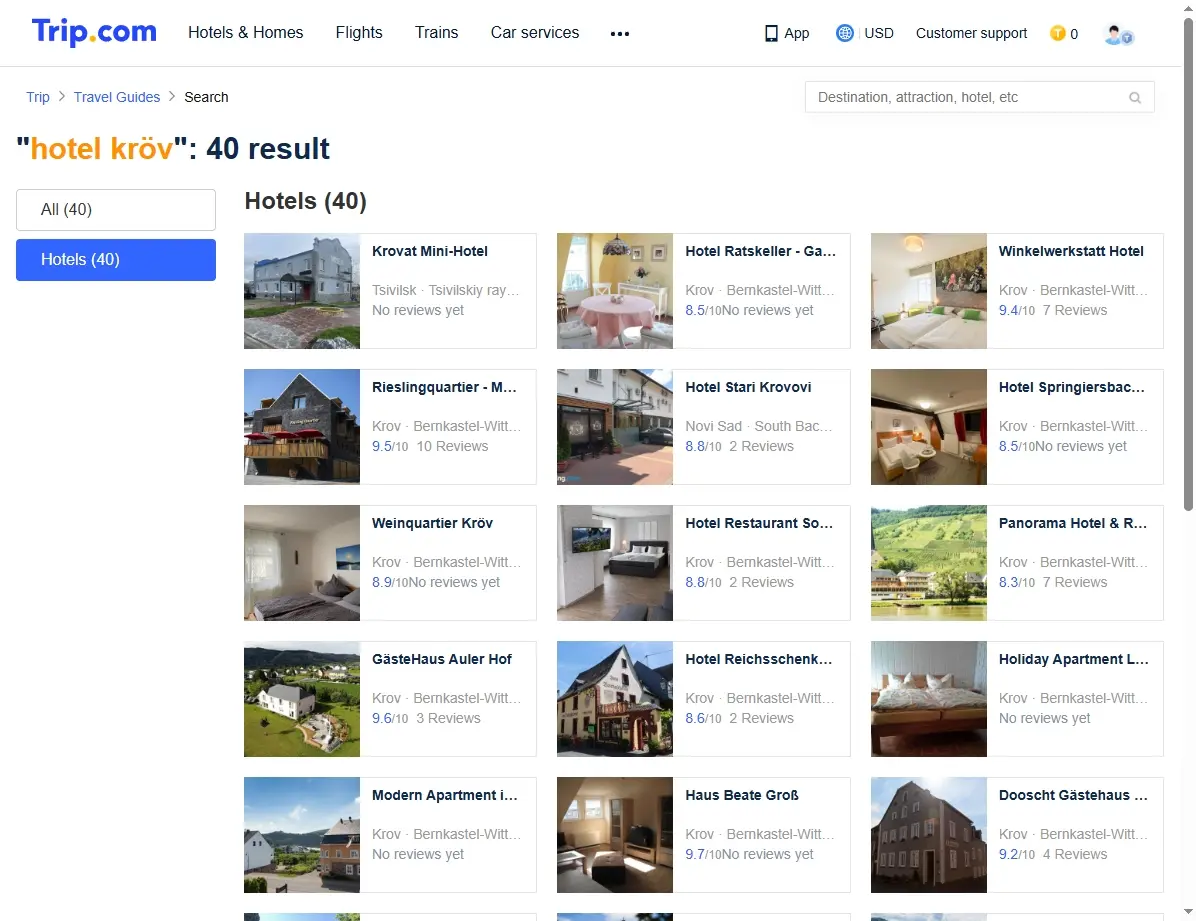 Screenshot einer Website, die Hotelangebote für Kröv anzeigt
