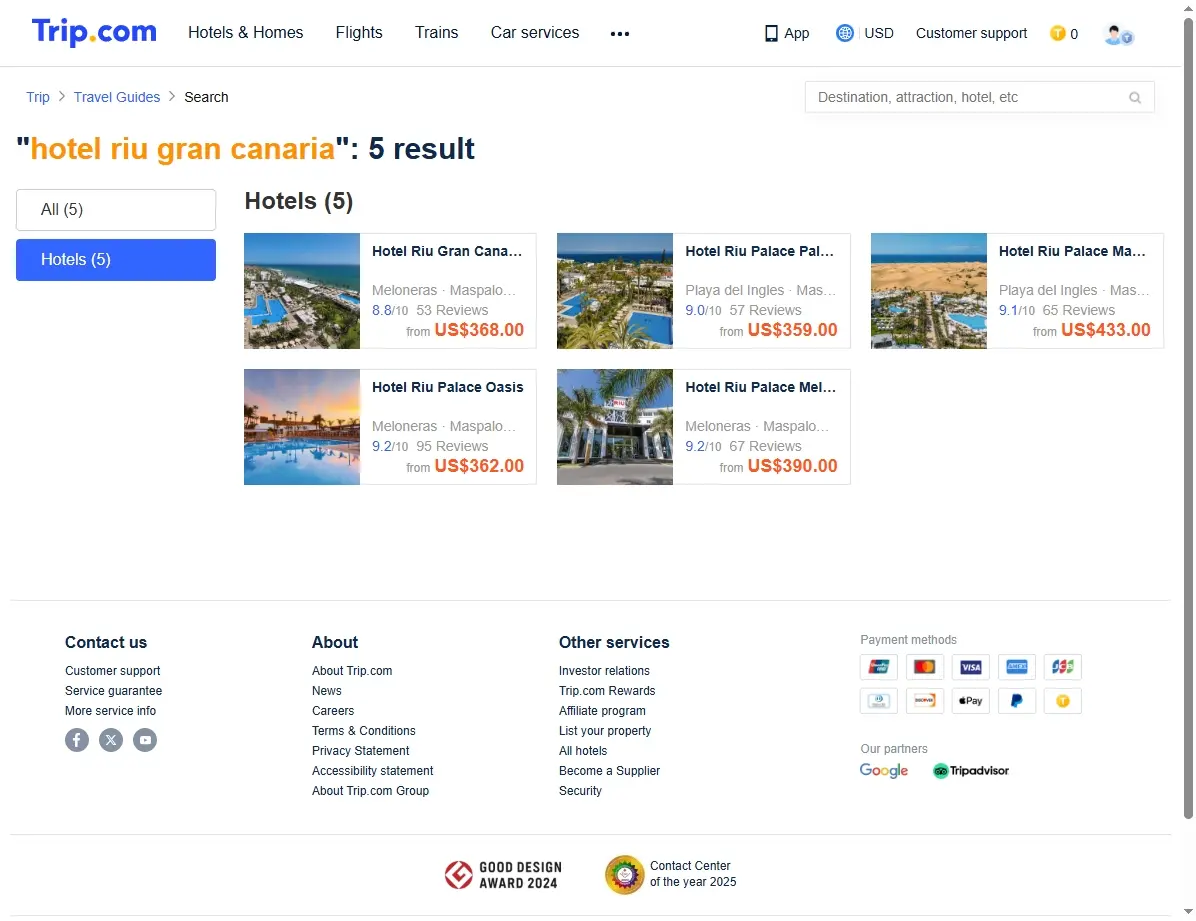Screenshot einer Website mit Hotelangeboten für das Hotel Riu Gran Canaria