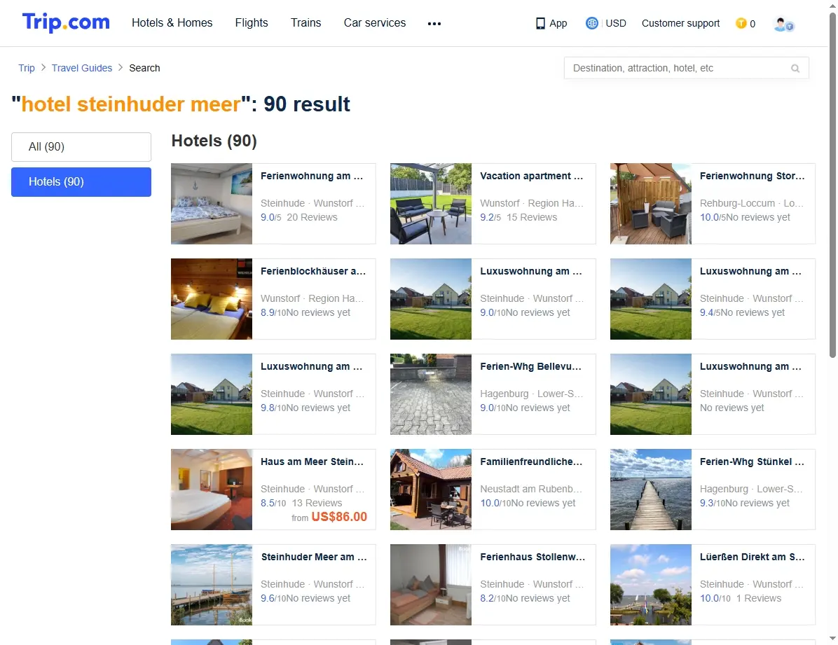 Screenshot einer Buchungsseite, die Hotelangebote für das Steinhuder Meer zeigt
