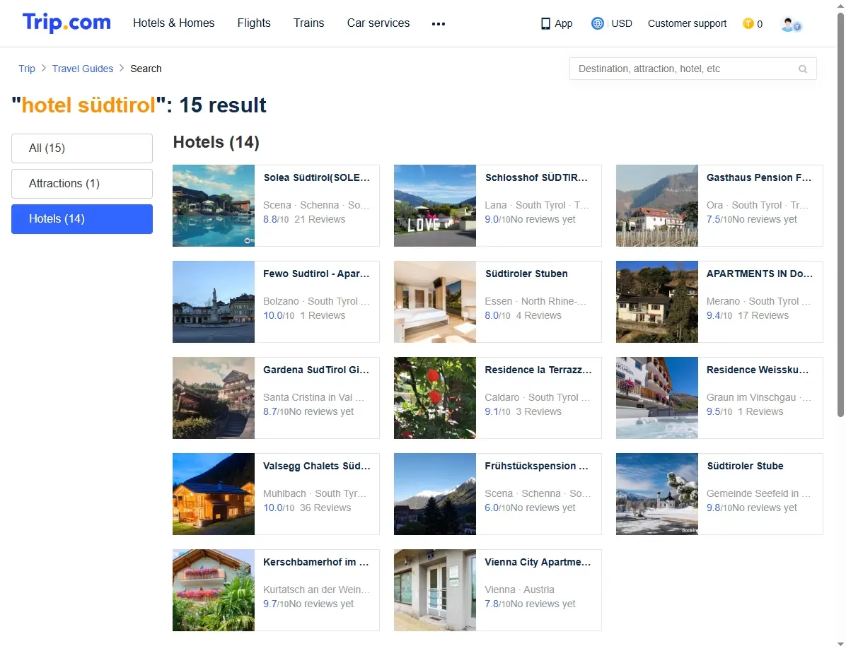 Screenshot einer Website mit Hotelangeboten in Südtirol