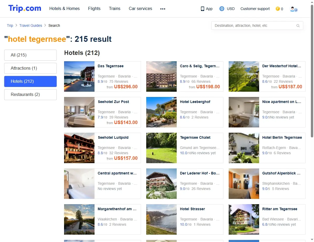 Screenshot von Hotel-Angeboten für Tegernsee