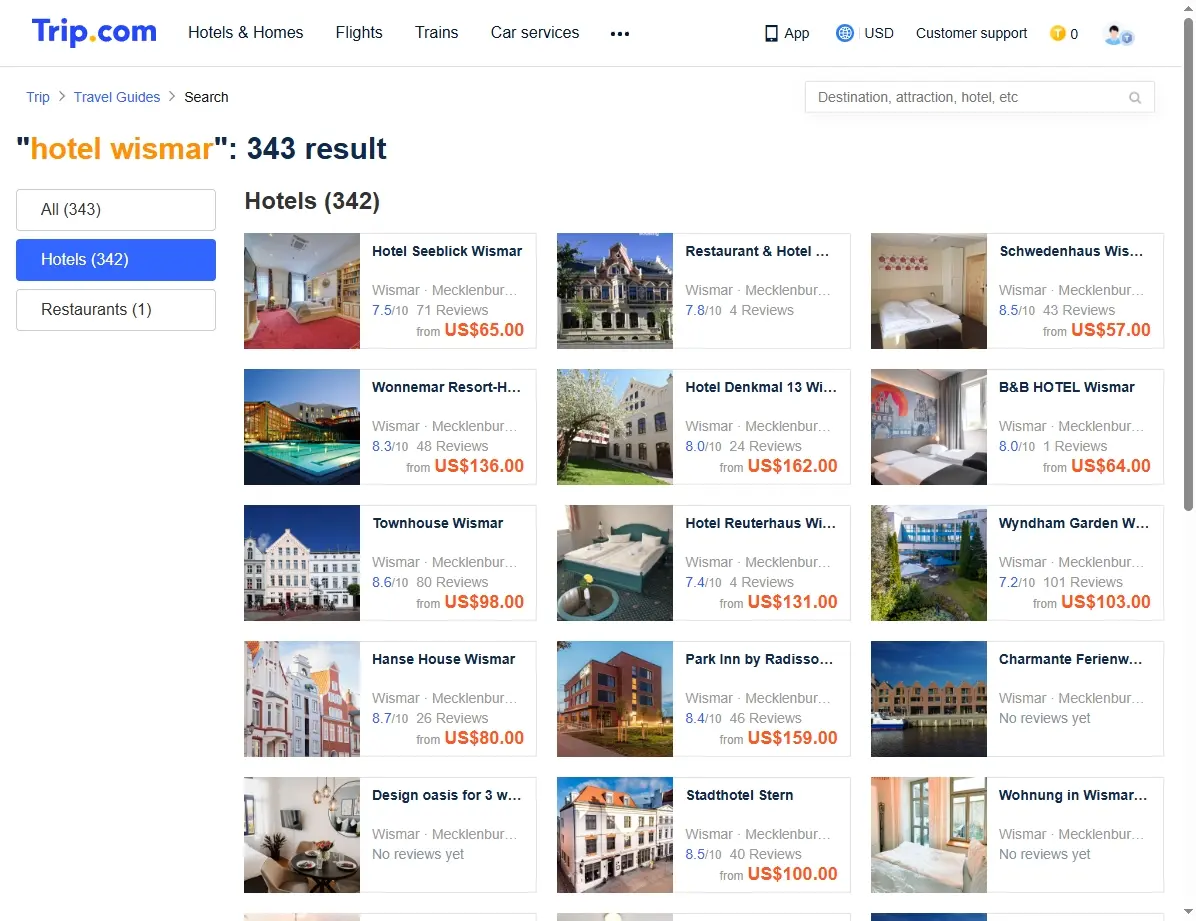 Screenshot einer Buchungsplattform mit Hotelangeboten in Wismar