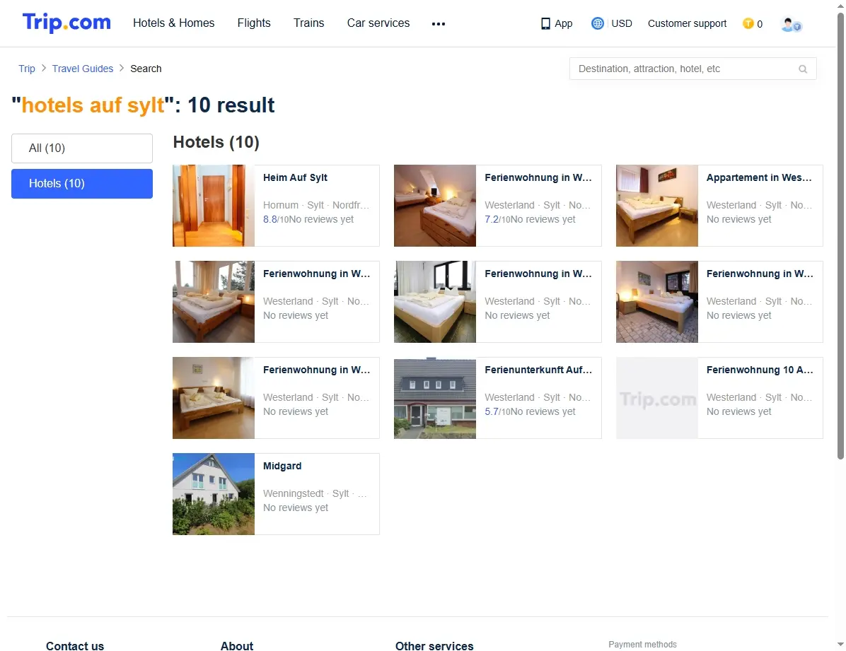 Screenshot einer Website mit Hotelangeboten und Preisen für Sylt.