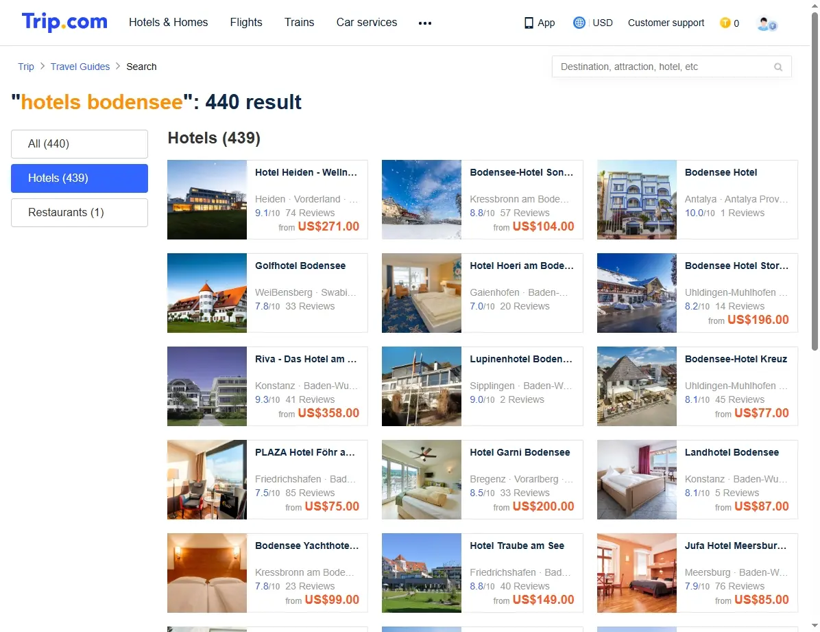 Screenshot einer Webseite, die Hotelangebote am Bodensee anzeigt.