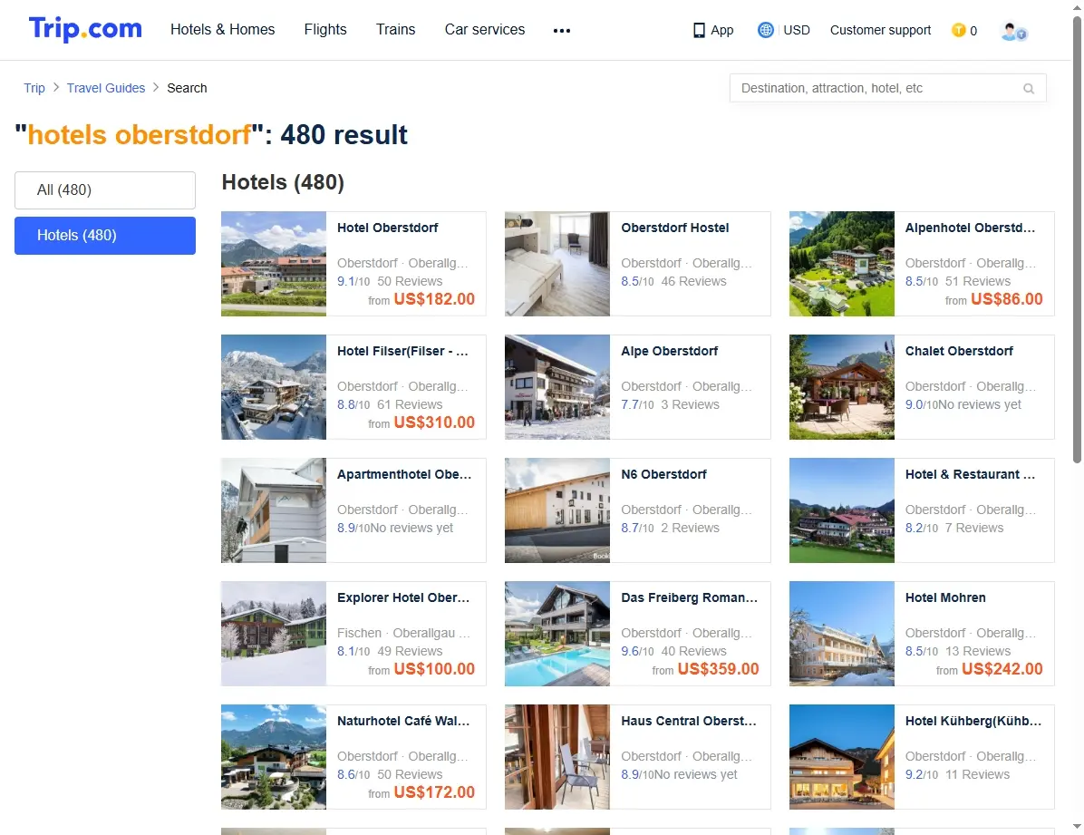 Screenshot einer Website mit Hotelangeboten in Oberstdorf.