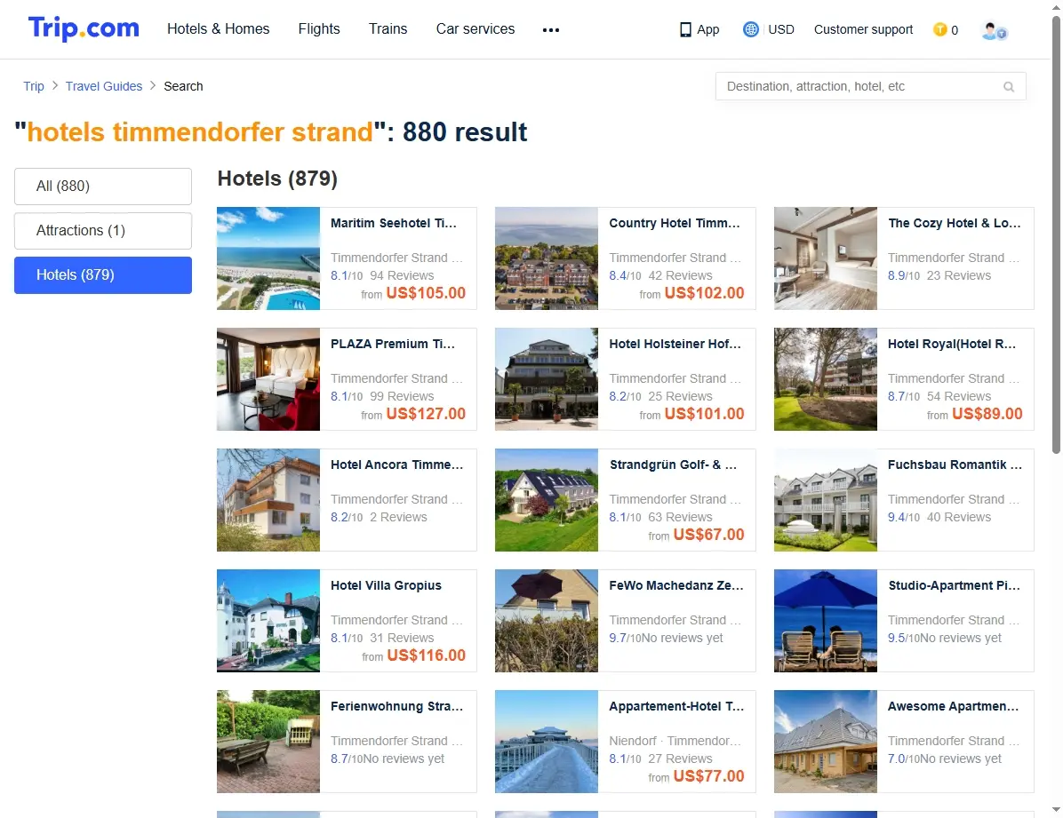 Screenshot einer Website mit Hotelangeboten für Timmendorfer Strand