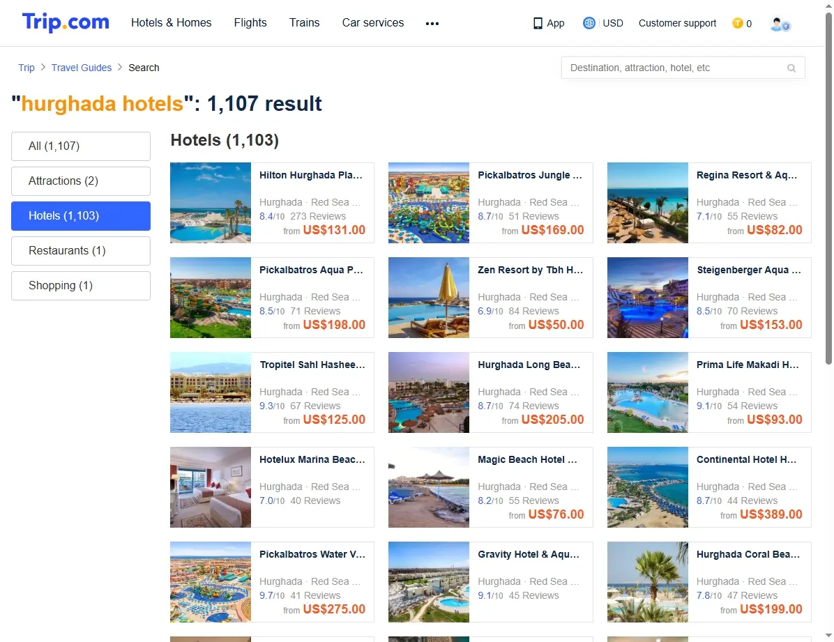 Screenshot einer Hotelbuchungsseite mit Hurghada-Angeboten