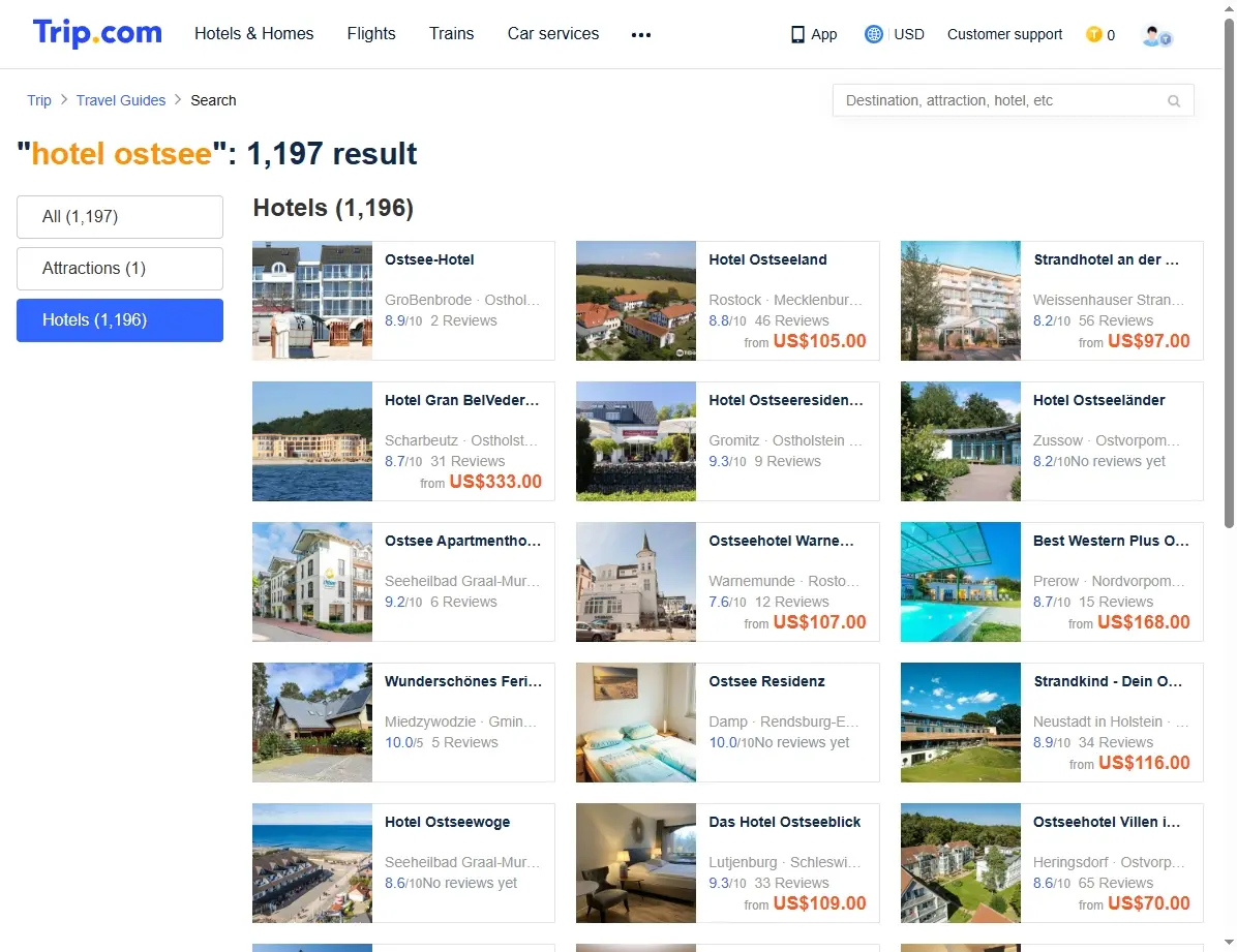 Screenshot von Hotelangeboten an der Ostsee