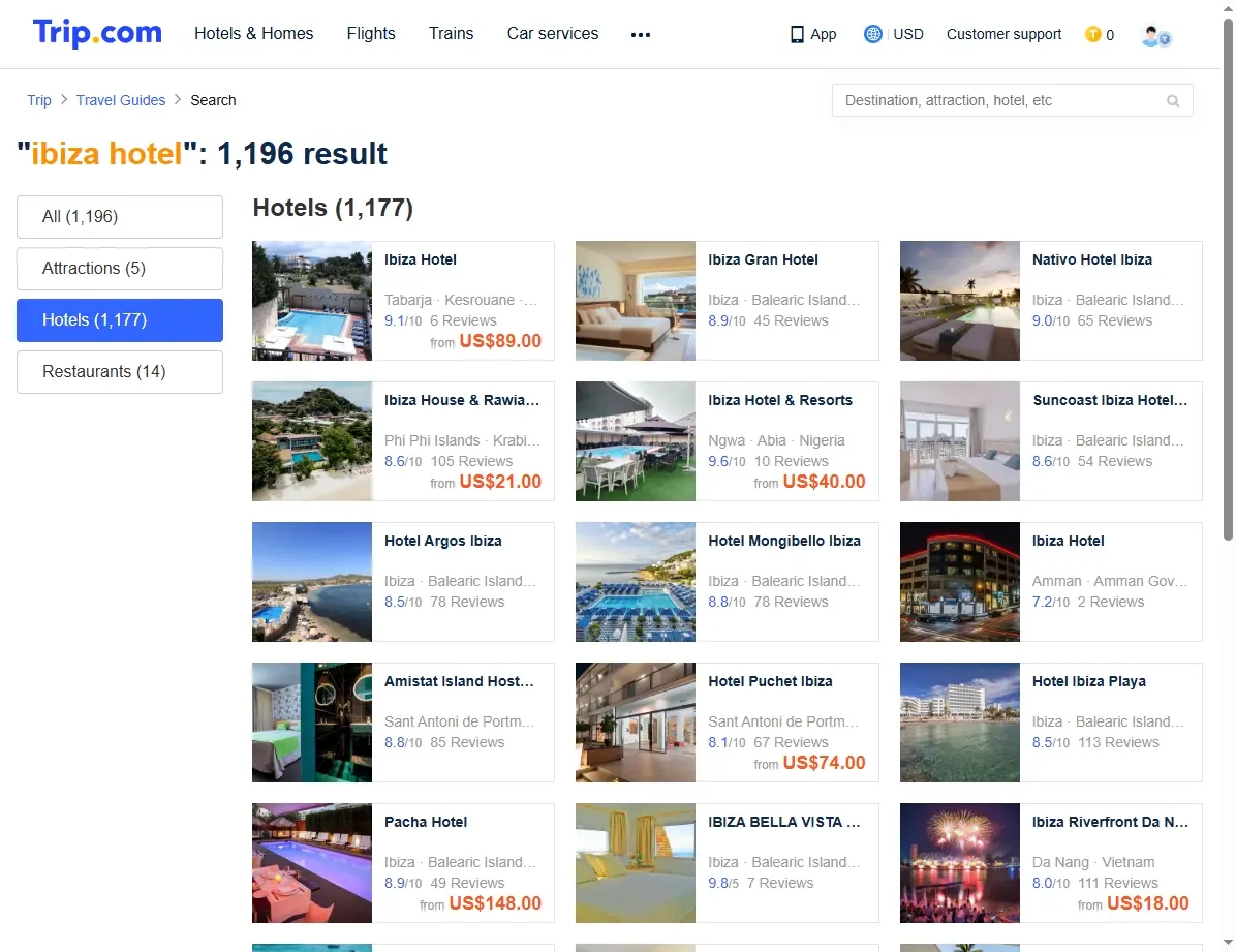 Screenshot einer Webseite mit zahlreichen Ibiza Hotel Angeboten und Preisen.