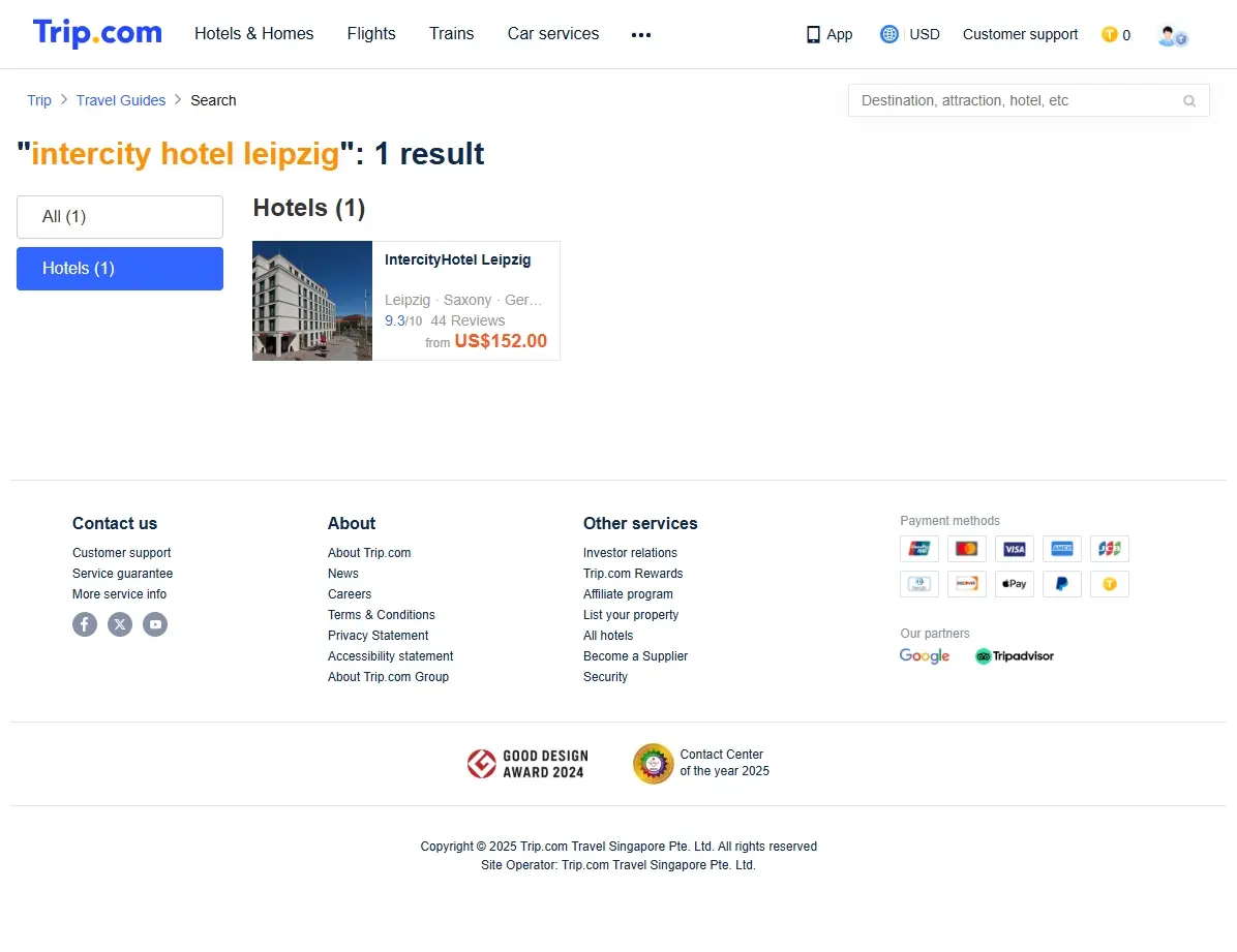 Screenshot einer Website, die Hotelangebote für das Intercity Hotel Leipzig zeigt