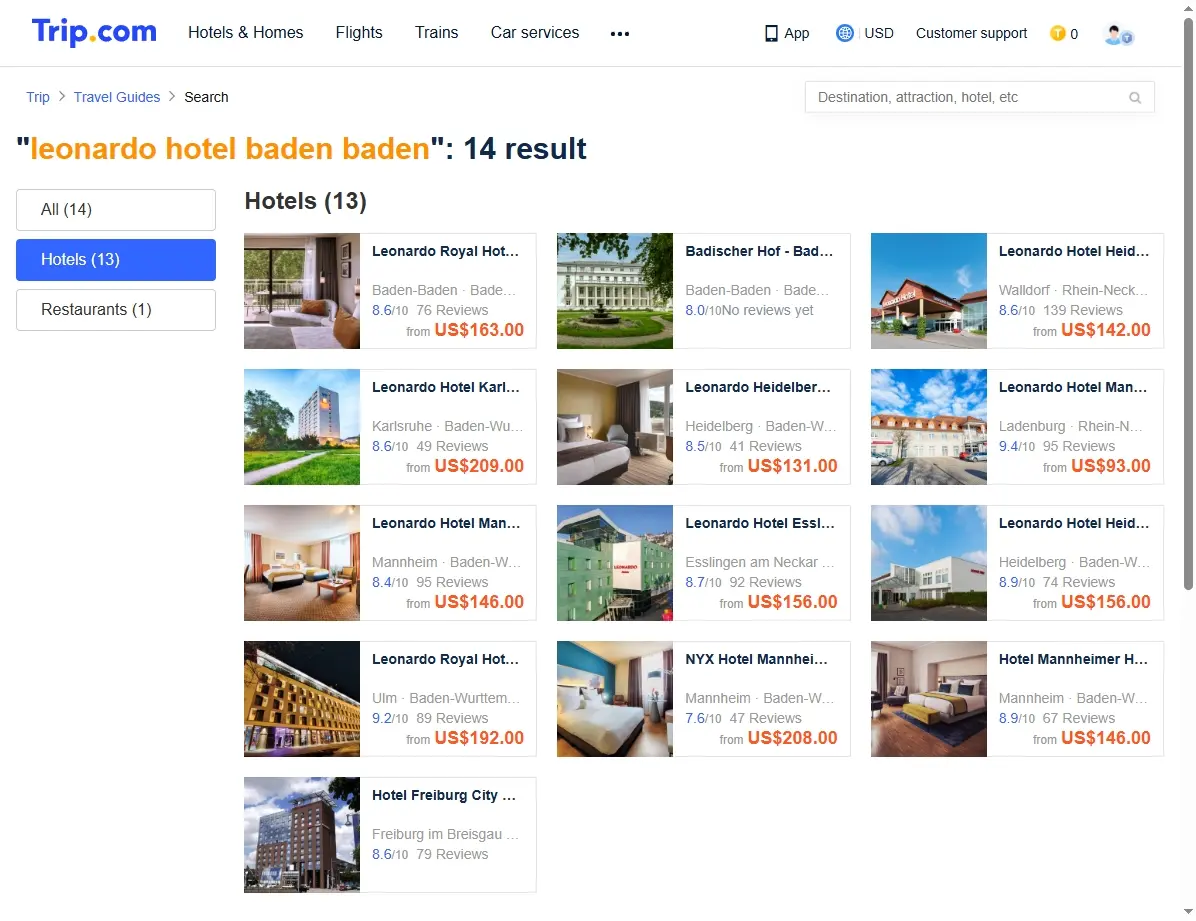 Screenshot einer Website mit Hotelangeboten für das Leonardo Hotel Baden-Baden