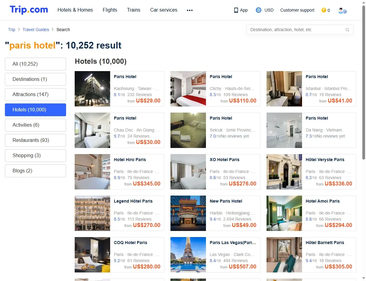 Screenshot einer Website mit Hotelangeboten für Paris.