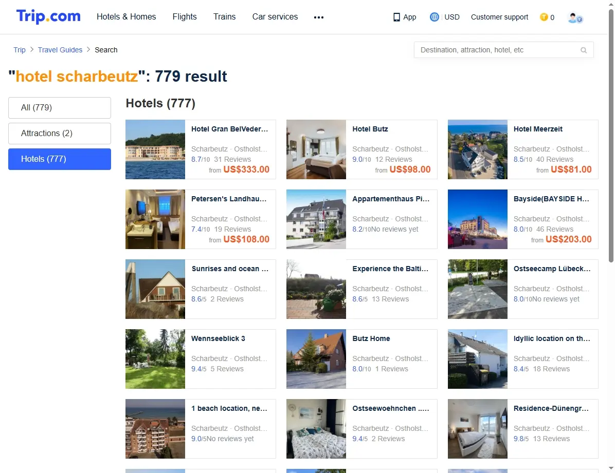Screenshot einer Buchungsplattform mit Hotelangeboten in Scharbeutz