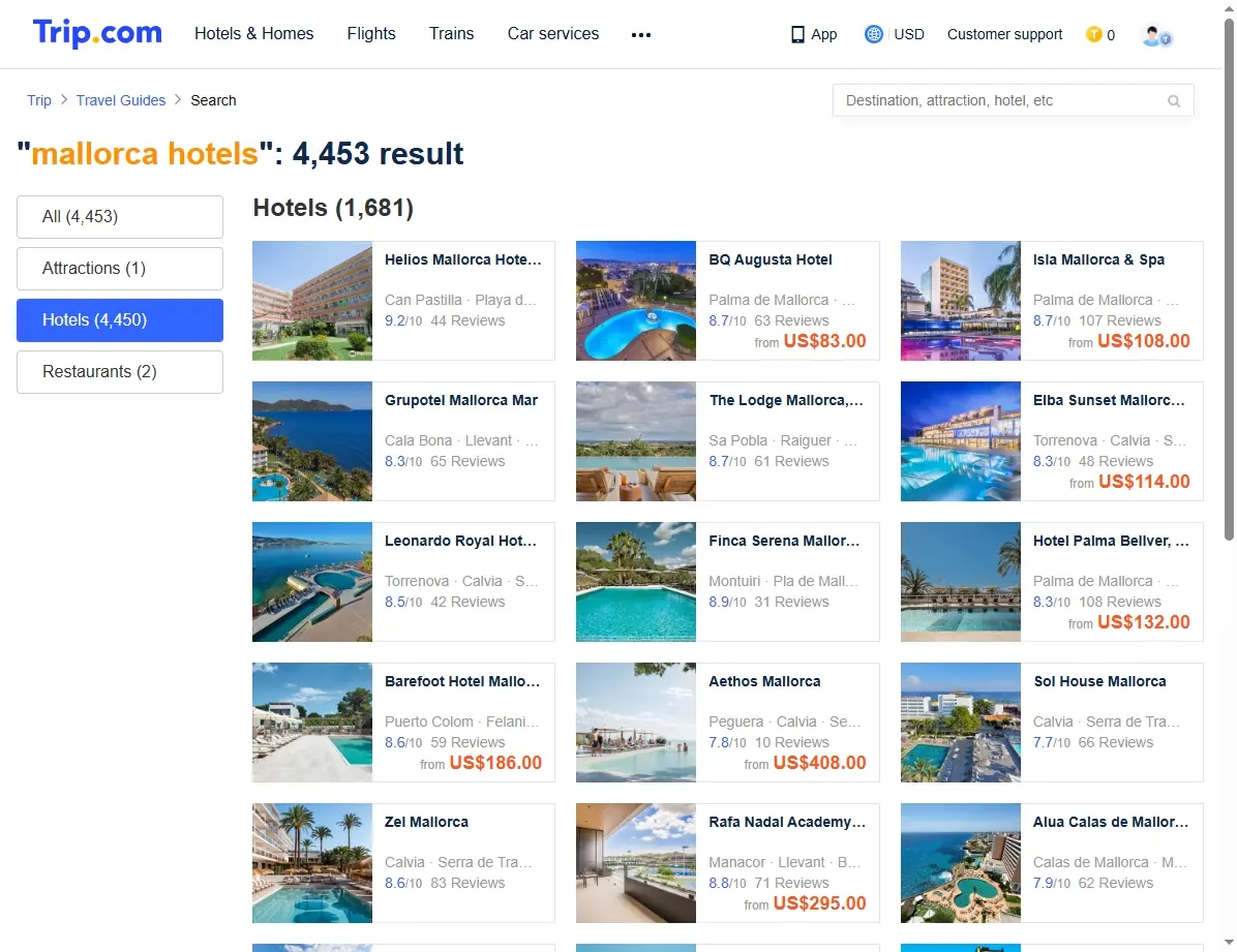 Screenshot von Hotelangeboten für Mallorca