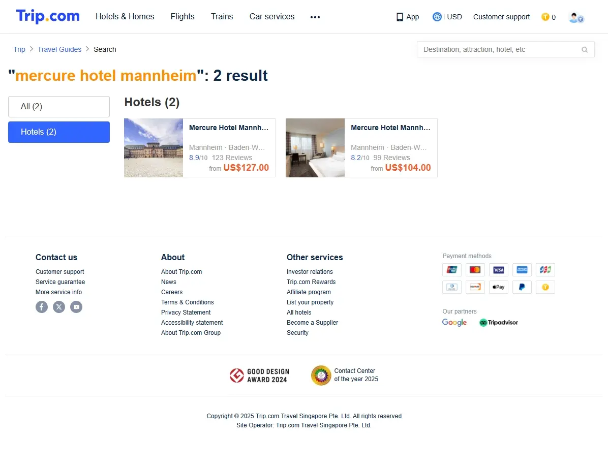 Screenshot der Trip.com Website mit Hotelangeboten