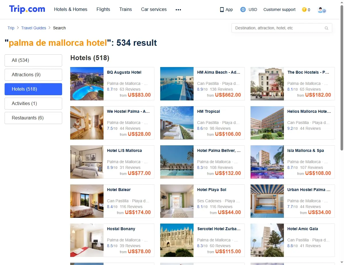 Screenshot einer Buchungsplattform mit Hotelangeboten für Palma de Mallorca