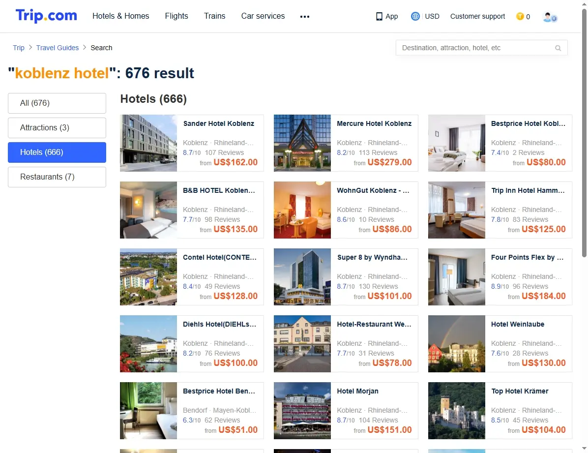 Screenshot einer Website, die Hotelangebote für Koblenz anzeigt