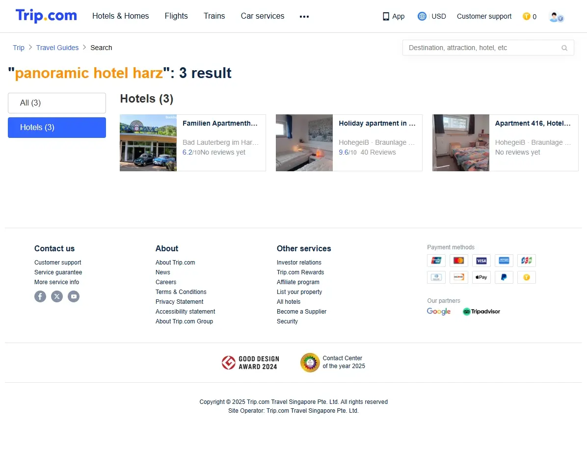 Screenshot einer Website, die Hotelangebote für das Panoramic Hotel Harz zeigt.