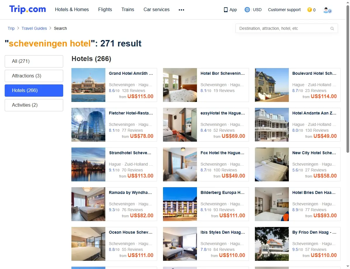 Screenshot einer Buchungsplattform mit Hotelangeboten für Scheveningen
