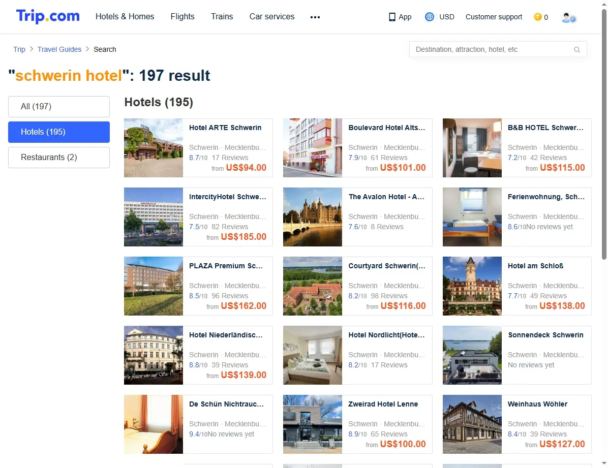 Screenshot von Hotel-Suchergebnissen für Schwerin