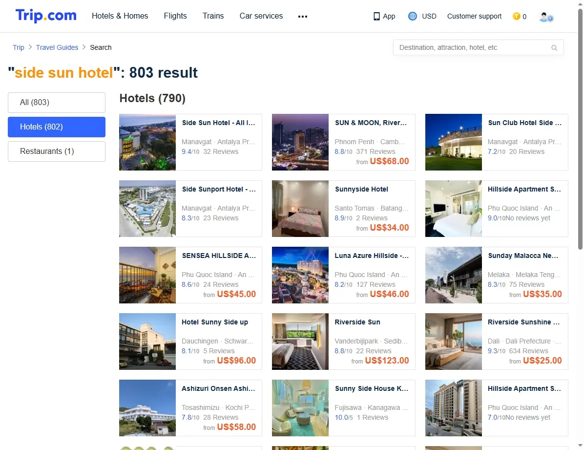 Screenshot von Hotel-Suchergebnissen mit speziellen Angeboten für das Side Sun Hotel
